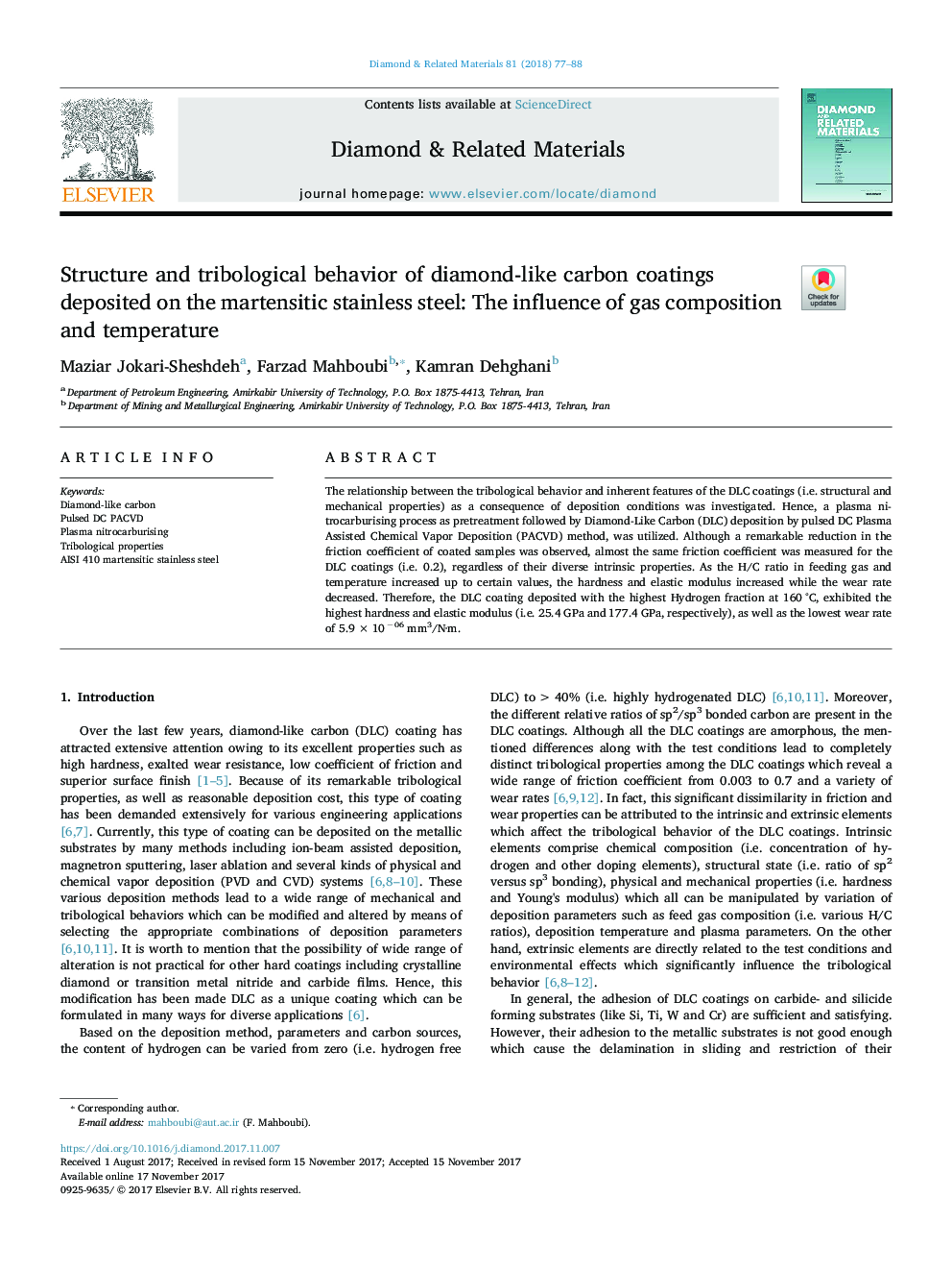 Structure and tribological behavior of diamond-like carbon coatings deposited on the martensitic stainless steel: The influence of gas composition and temperature