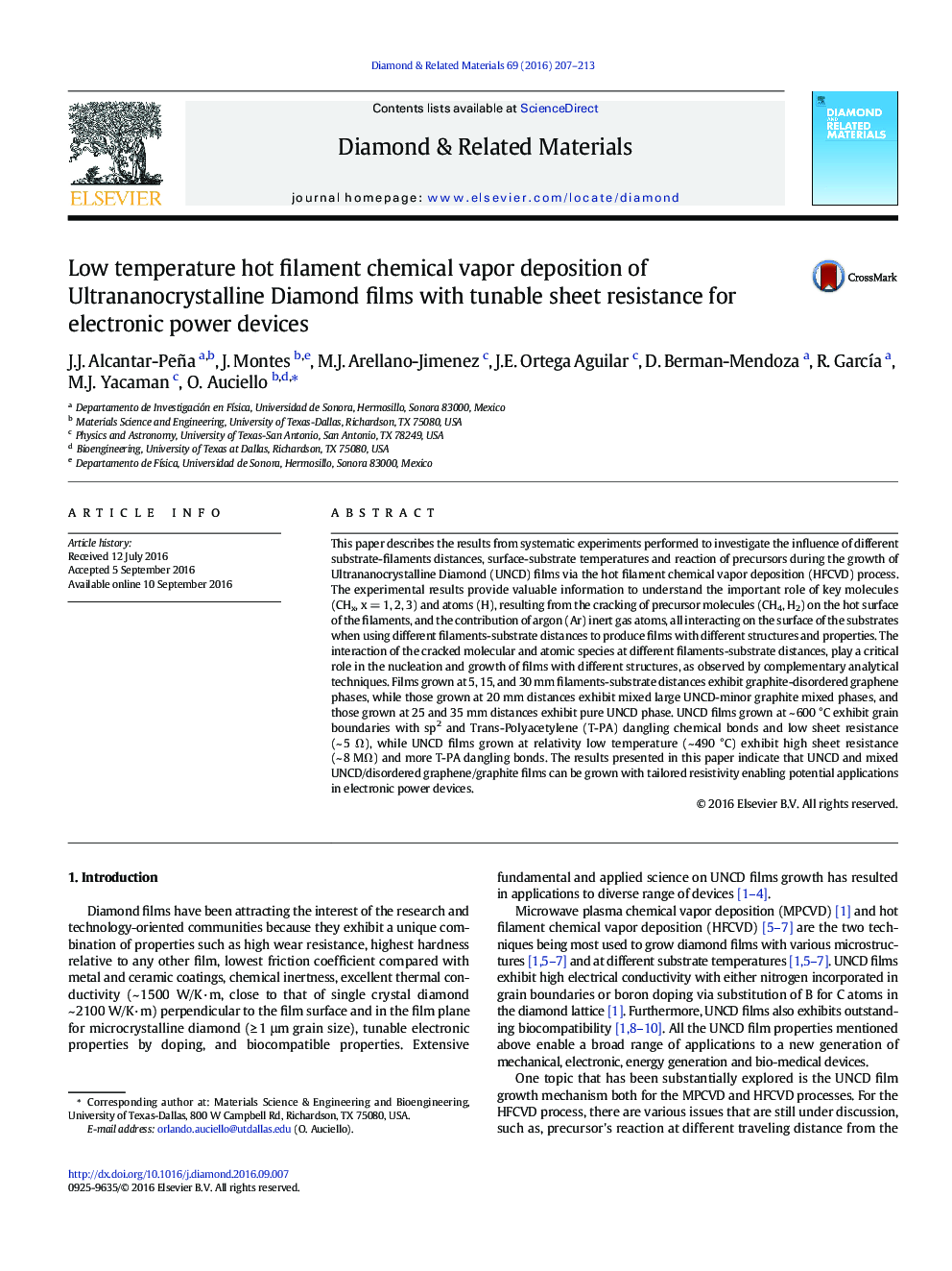 Low temperature hot filament chemical vapor deposition of Ultrananocrystalline Diamond films with tunable sheet resistance for electronic power devices