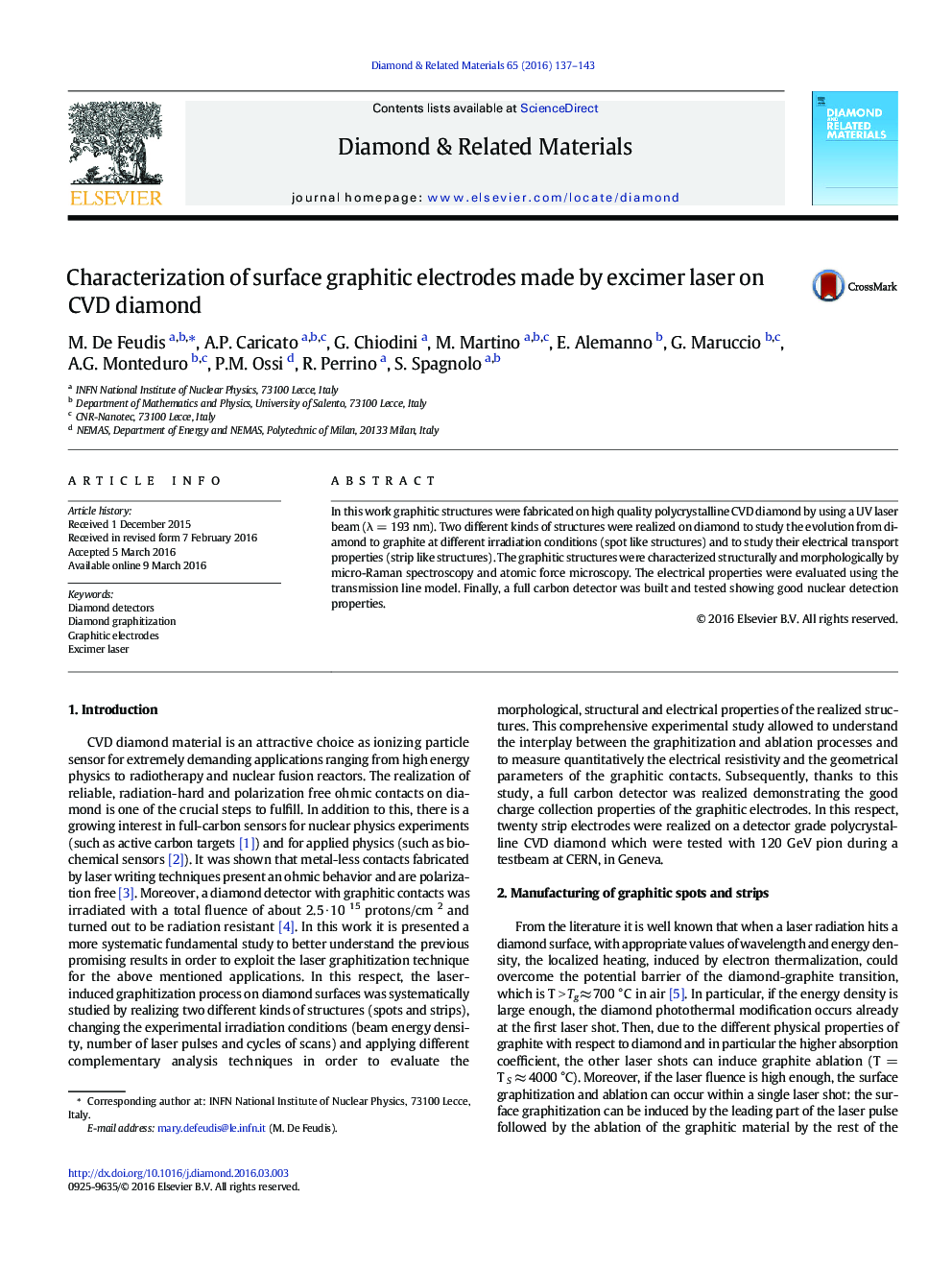 Characterization of surface graphitic electrodes made by excimer laser on CVD diamond