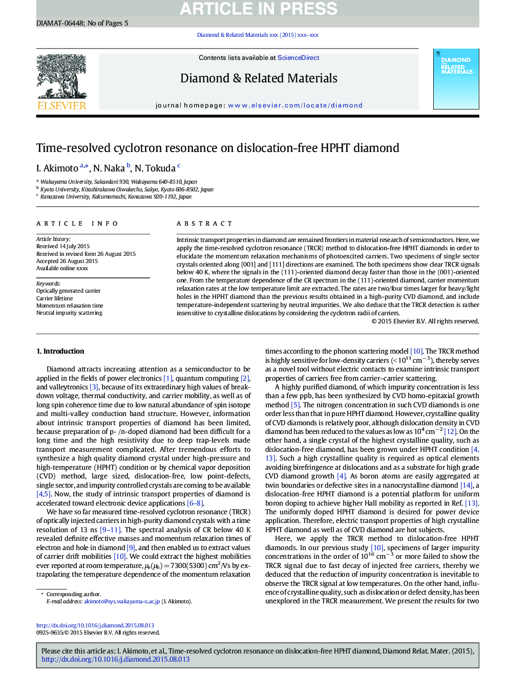 Time-resolved cyclotron resonance on dislocation-free HPHT diamond