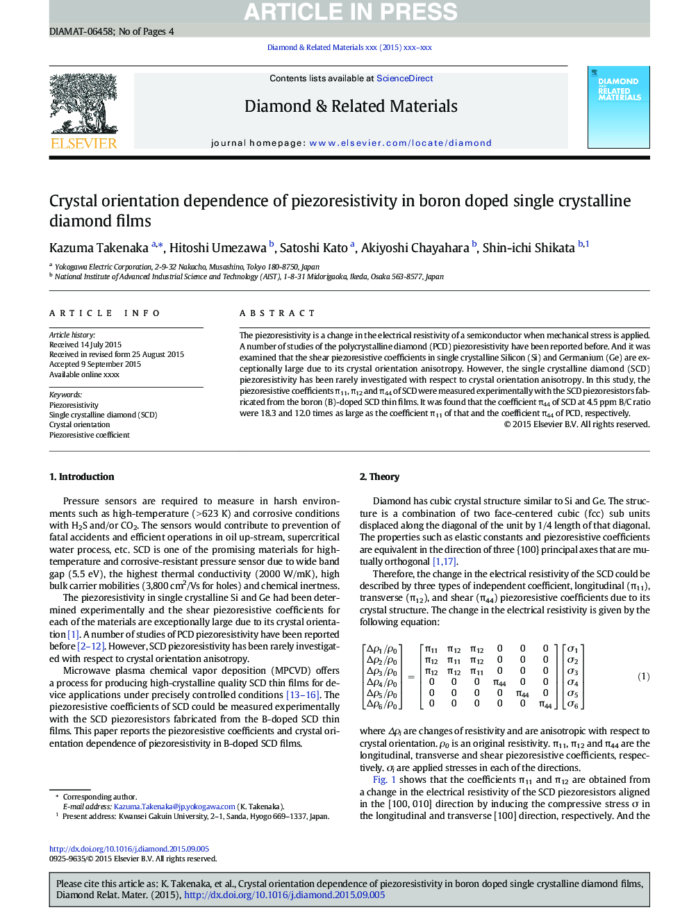 Crystal orientation dependence of piezoresistivity in boron doped single crystalline diamond films