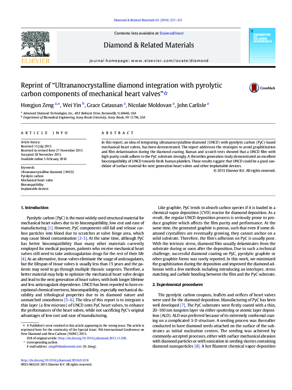 Reprint of “Ultrananocrystalline diamond integration with pyrolytic carbon components of mechanical heart valves”