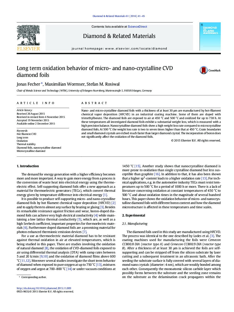 عکس صفحه اول مقاله: Long term oxidation behavior of micro- and nano-crystalline CVD diamond foils Long term oxidation behavior of micro- and nano-crystalline CVD diamond foils