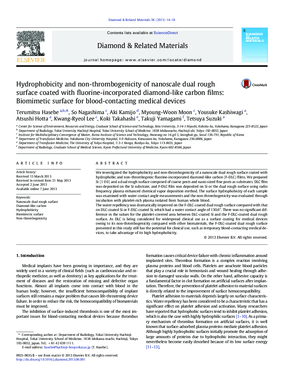 Hydrophobicity and non-thrombogenicity of nanoscale dual rough surface coated with fluorine-incorporated diamond-like carbon films: Biomimetic surface for blood-contacting medical devices