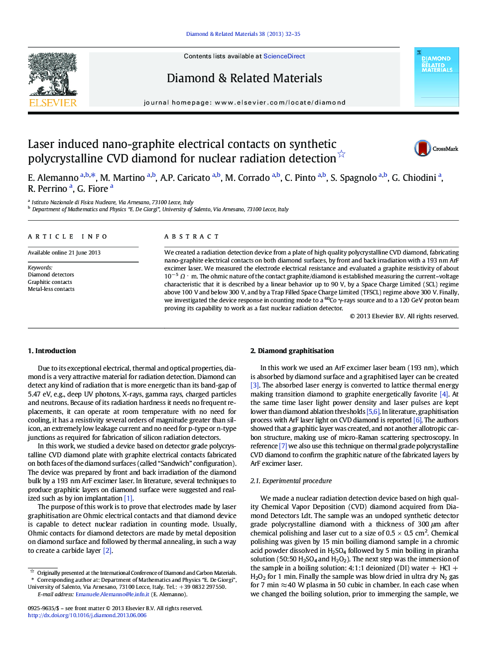 Laser induced nano-graphite electrical contacts on synthetic polycrystalline CVD diamond for nuclear radiation detection