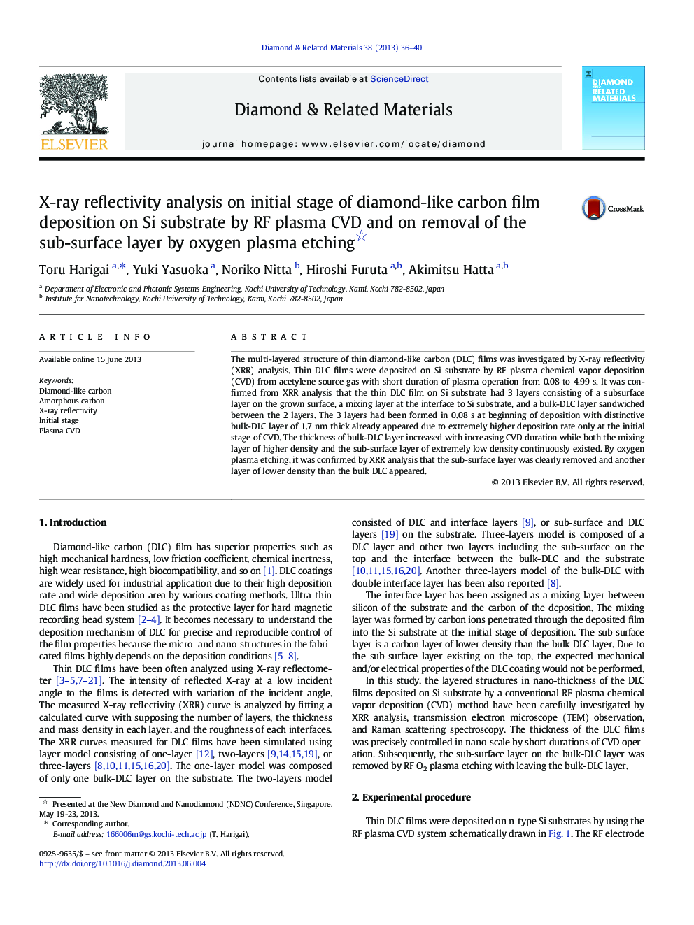X-ray reflectivity analysis on initial stage of diamond-like carbon film deposition on Si substrate by RF plasma CVD and on removal of the sub-surface layer by oxygen plasma etching