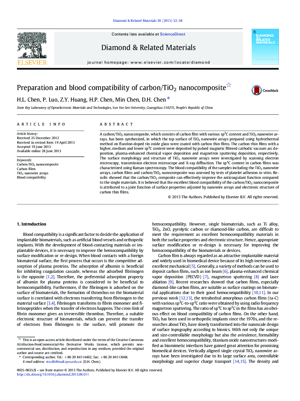 Preparation and blood compatibility of carbon/TiO2 nanocomposite