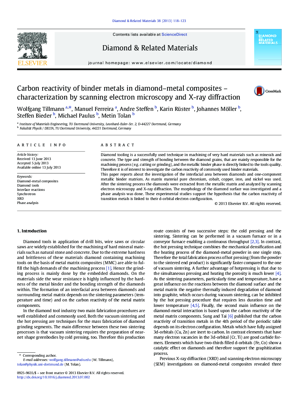 Carbon reactivity of binder metals in diamond-metal composites - characterization by scanning electron microscopy and X-ray diffraction