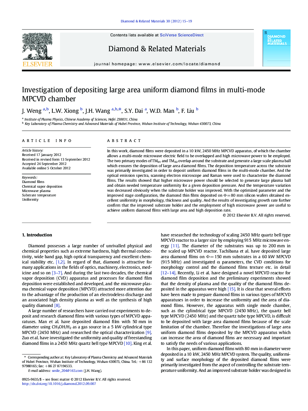 Investigation of depositing large area uniform diamond films in multi-mode MPCVD chamber