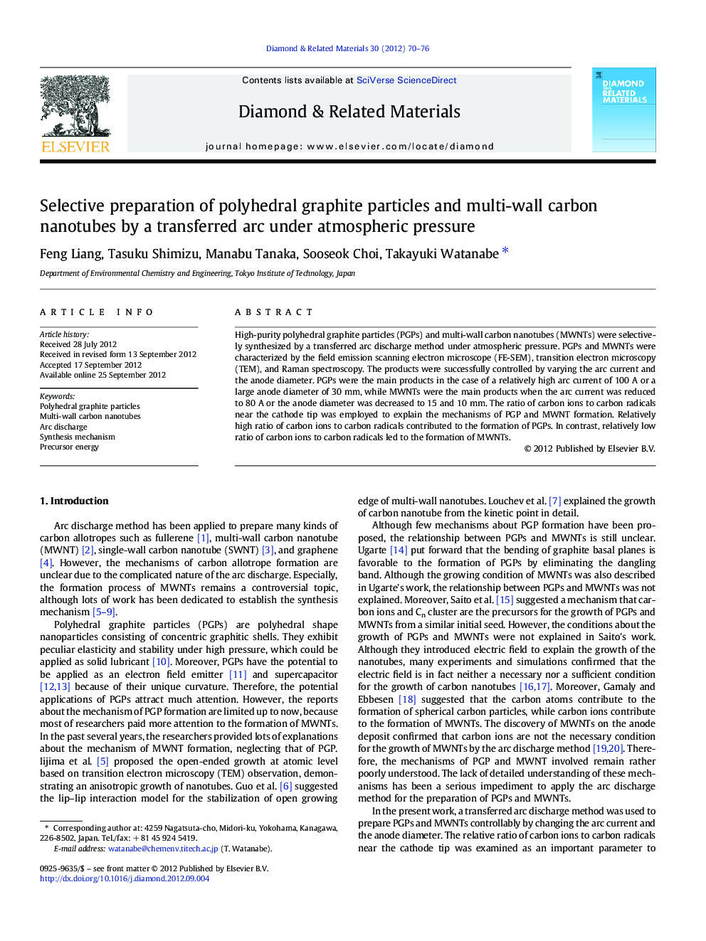 Selective preparation of polyhedral graphite particles and multi-wall carbon nanotubes by a transferred arc under atmospheric pressure