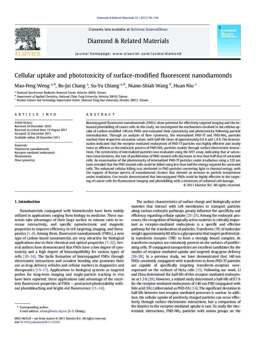 Cellular uptake and phototoxicity of surface-modified fluorescent nanodiamonds