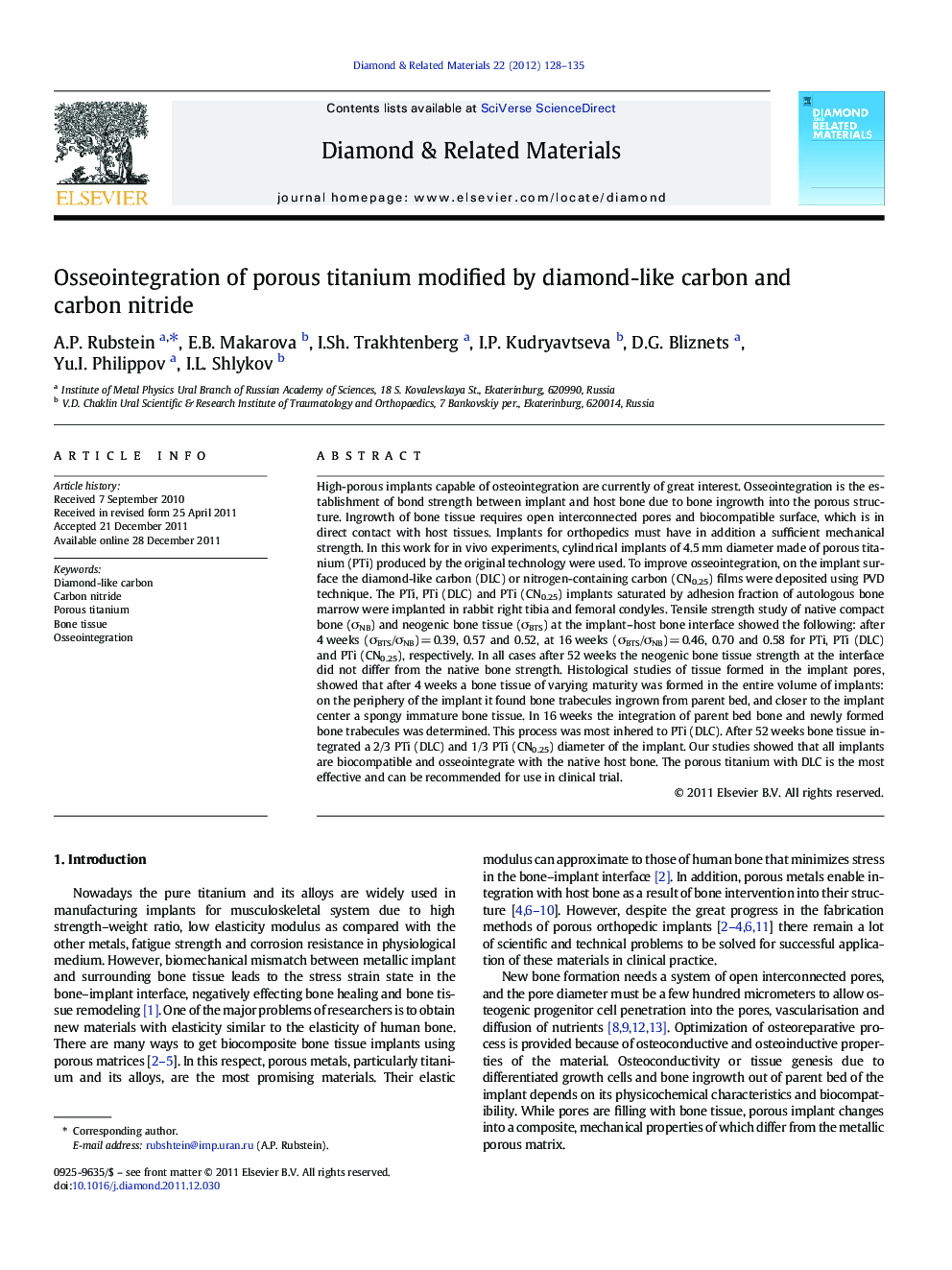 Osseointegration of porous titanium modified by diamond-like carbon and carbon nitride