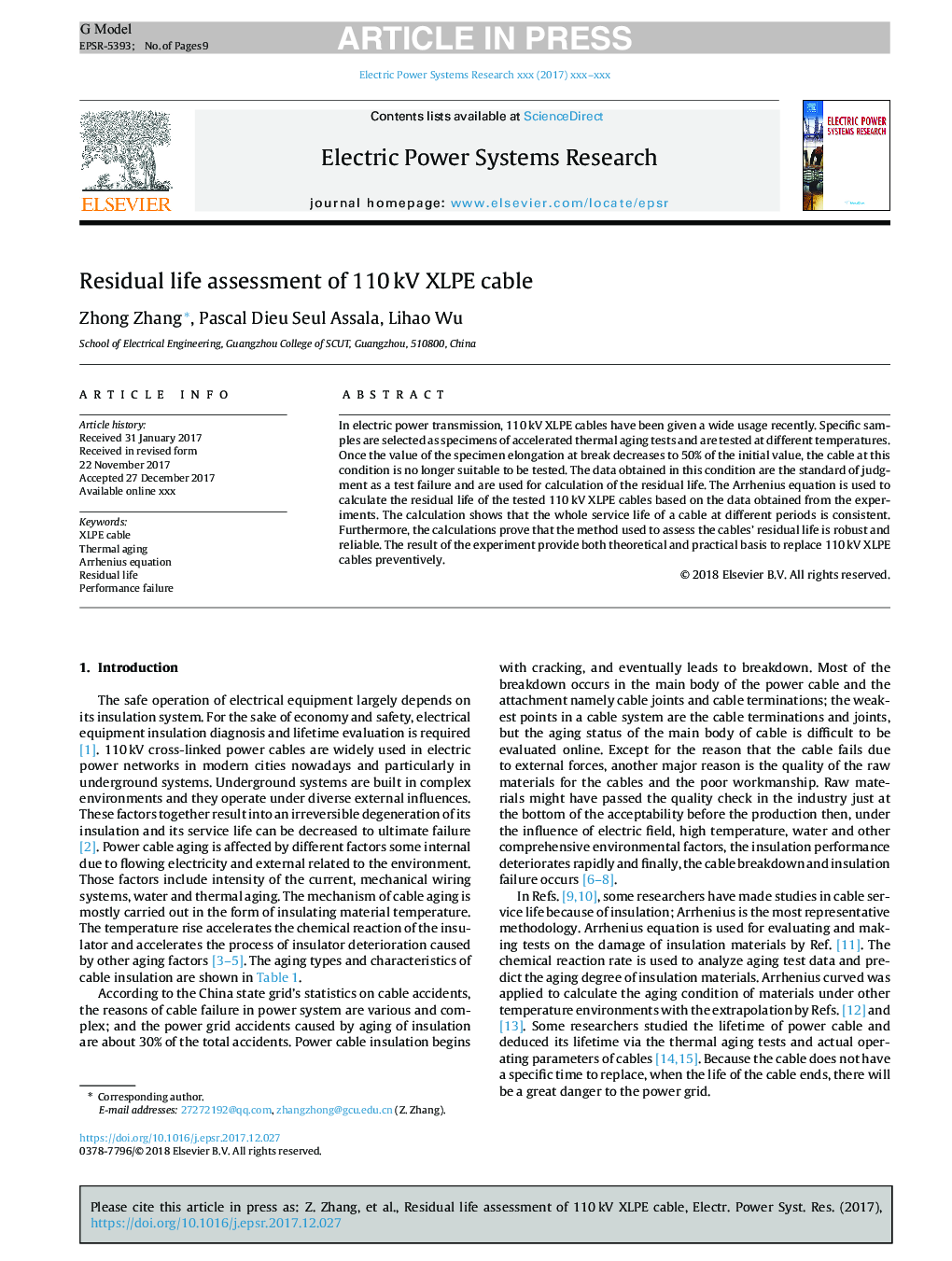 Residual life assessment of 110Â kV XLPE cable