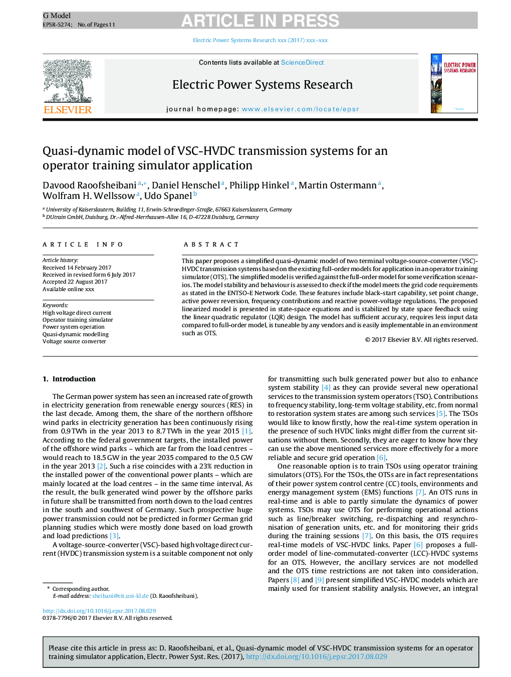 Quasi-dynamic model of VSC-HVDC transmission systems for an operator training simulator application