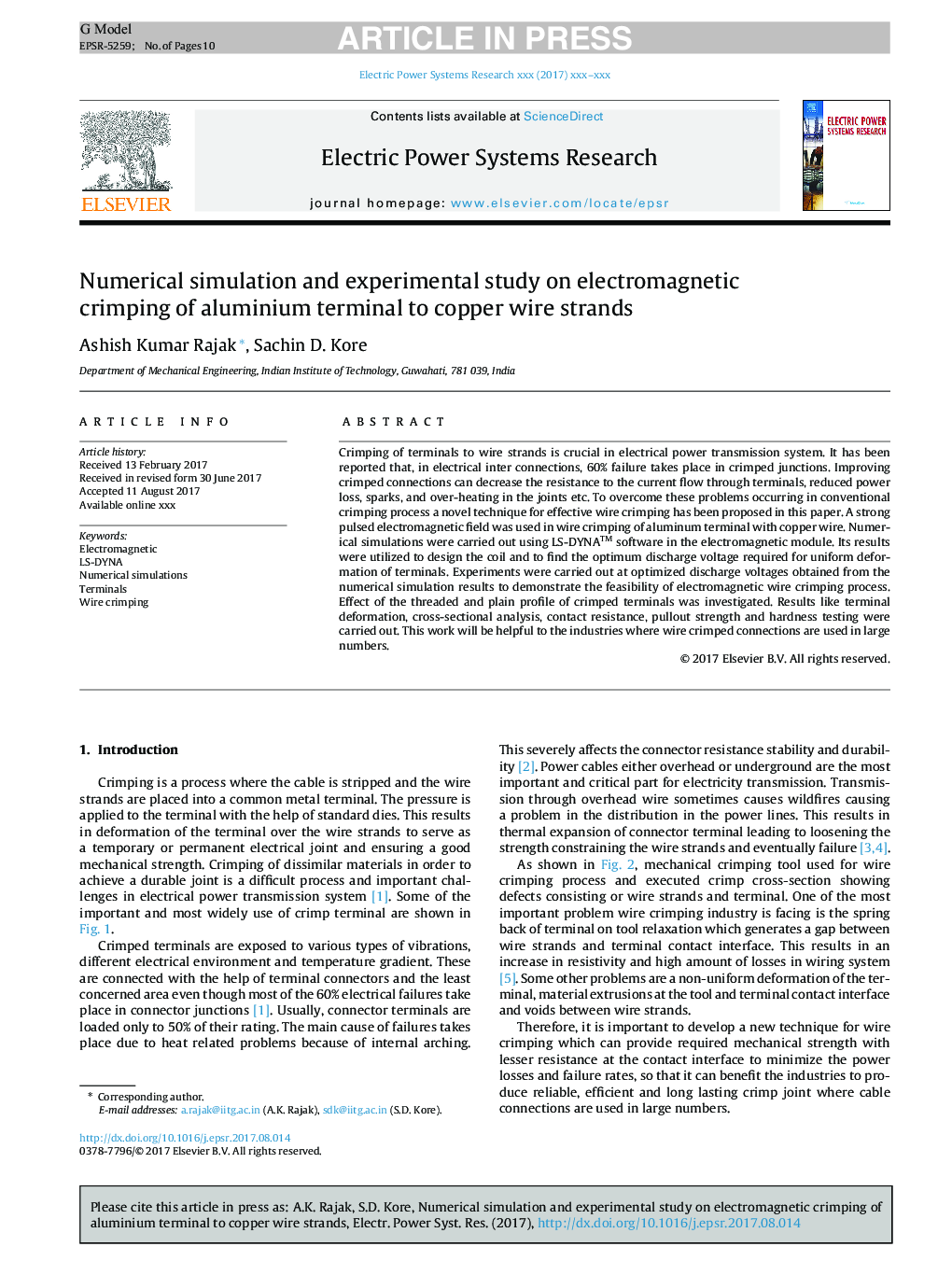 Numerical simulation and experimental study on electromagnetic crimping of aluminium terminal to copper wire strands