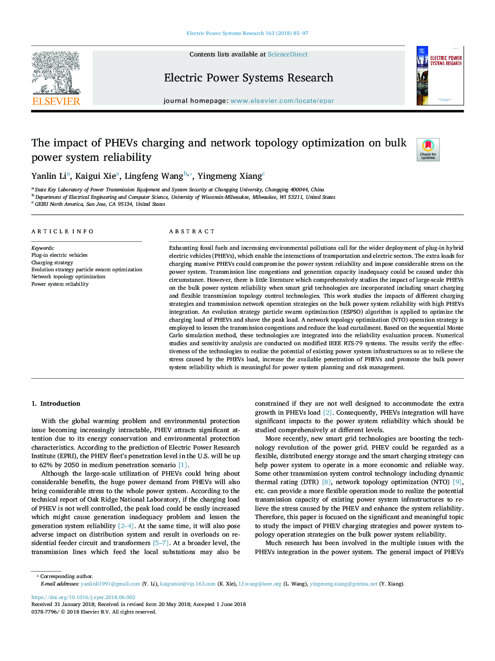 The impact of PHEVs charging and network topology optimization on bulk power system reliability