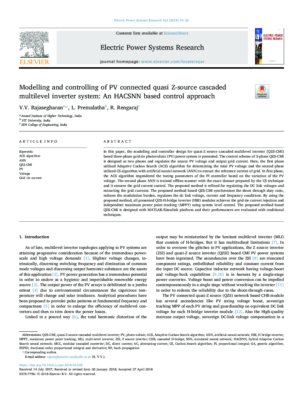 Modelling and controlling of PV connected quasi Z-source cascaded multilevel inverter system: An HACSNN based control approach