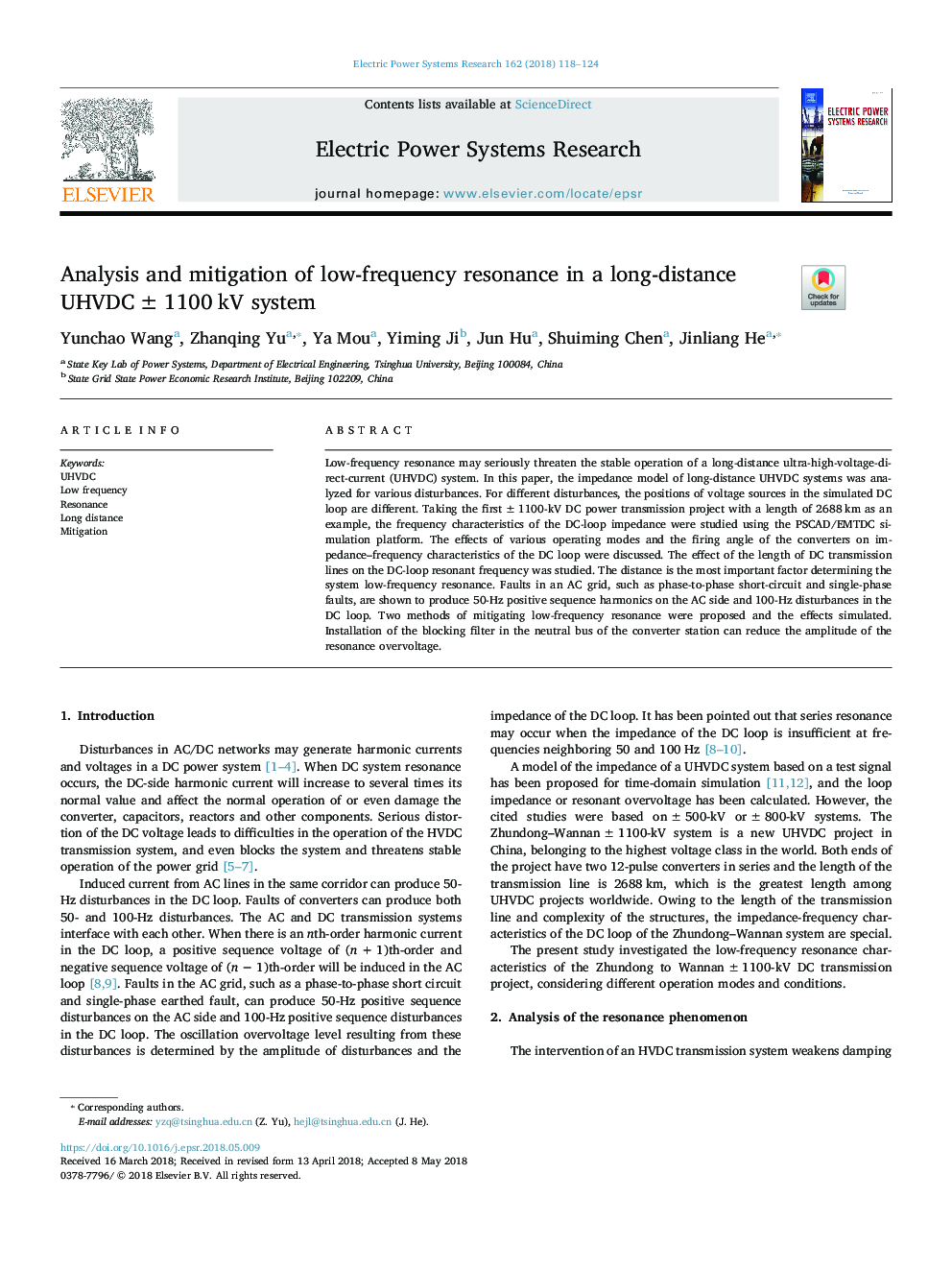 Analysis and mitigation of low-frequency resonance in a long-distance UHVDC Â±1100Â kV system