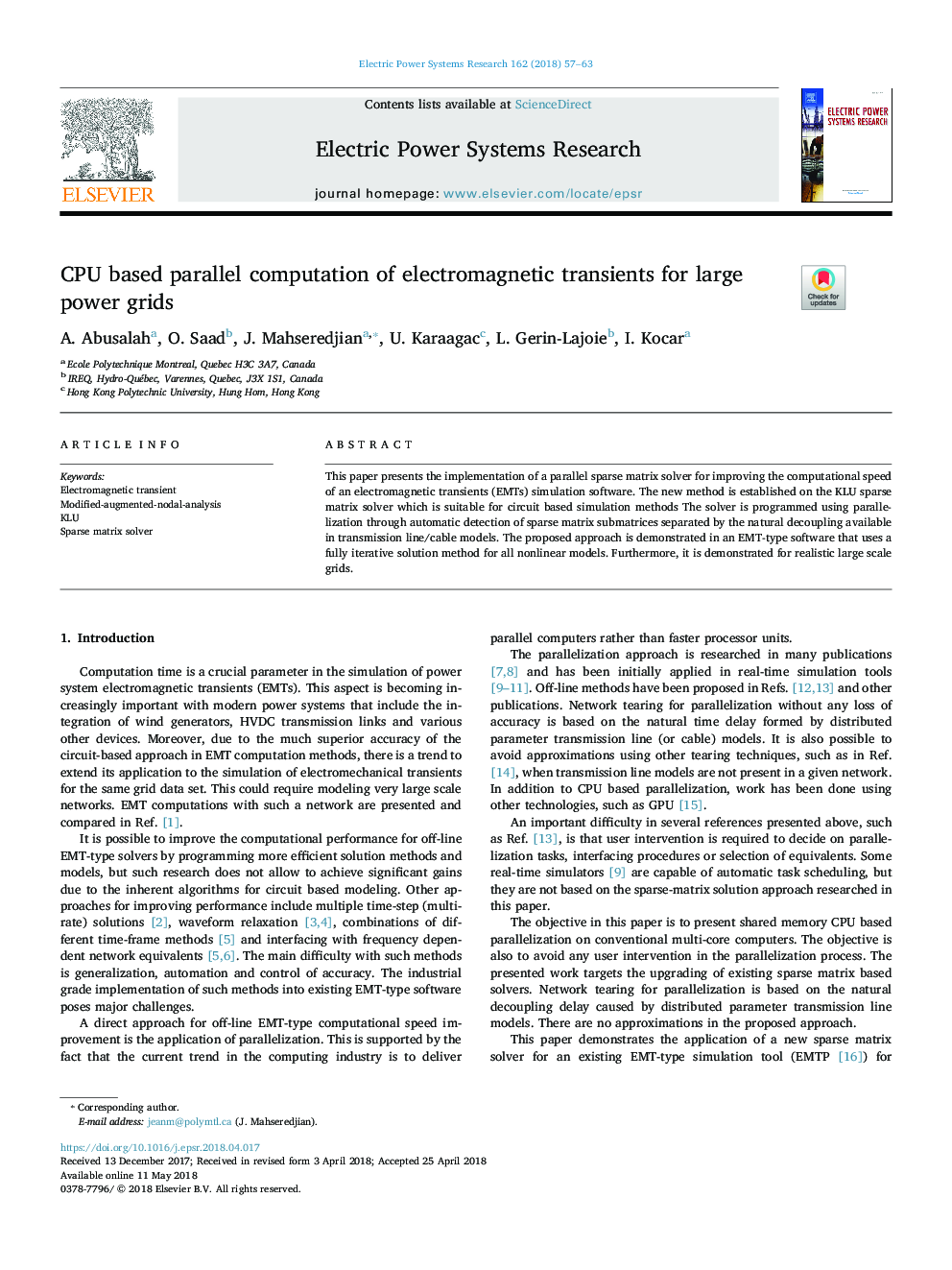 CPU based parallel computation of electromagnetic transients for large power grids