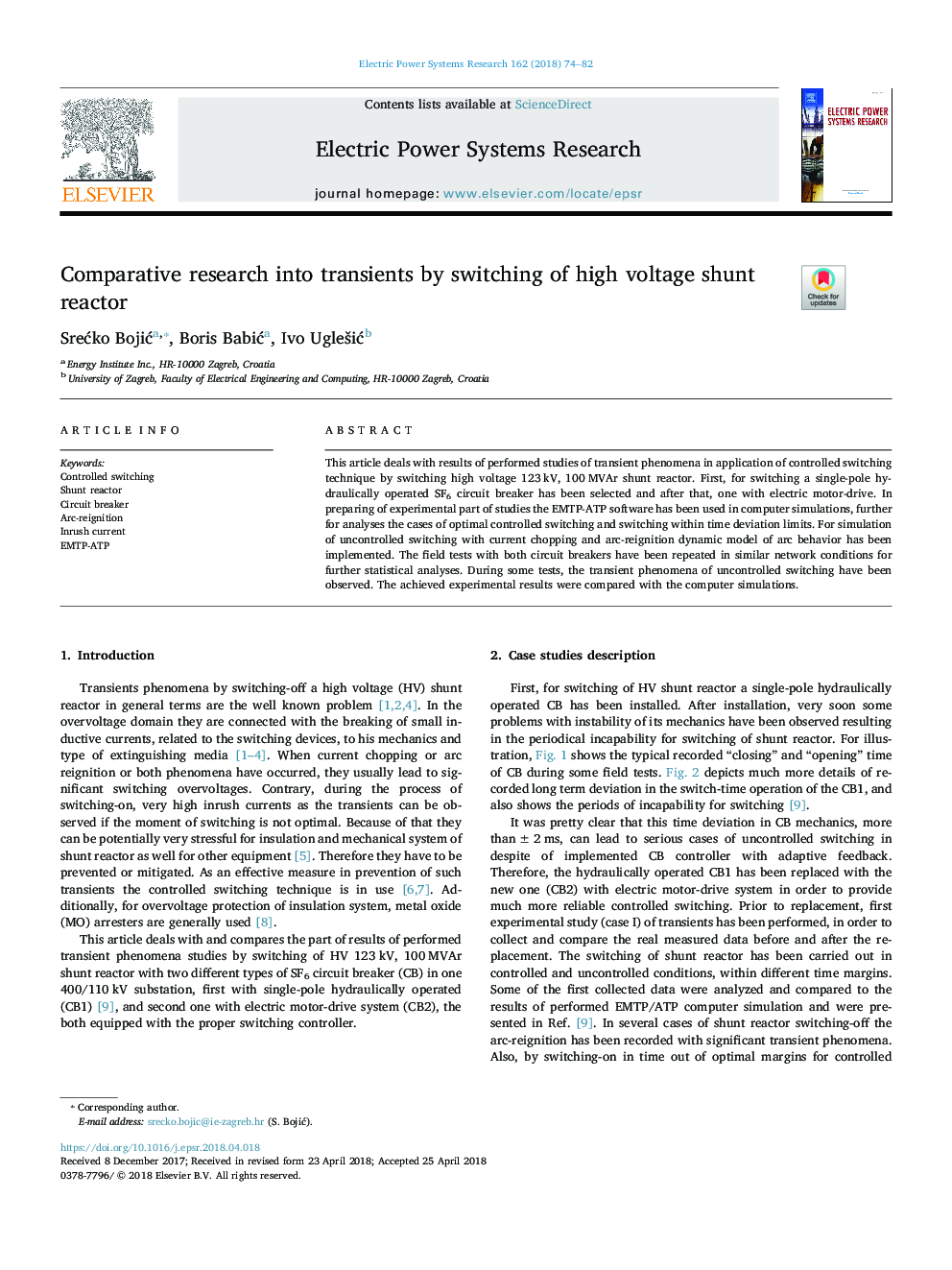 Comparative research into transients by switching of high voltage shunt reactor