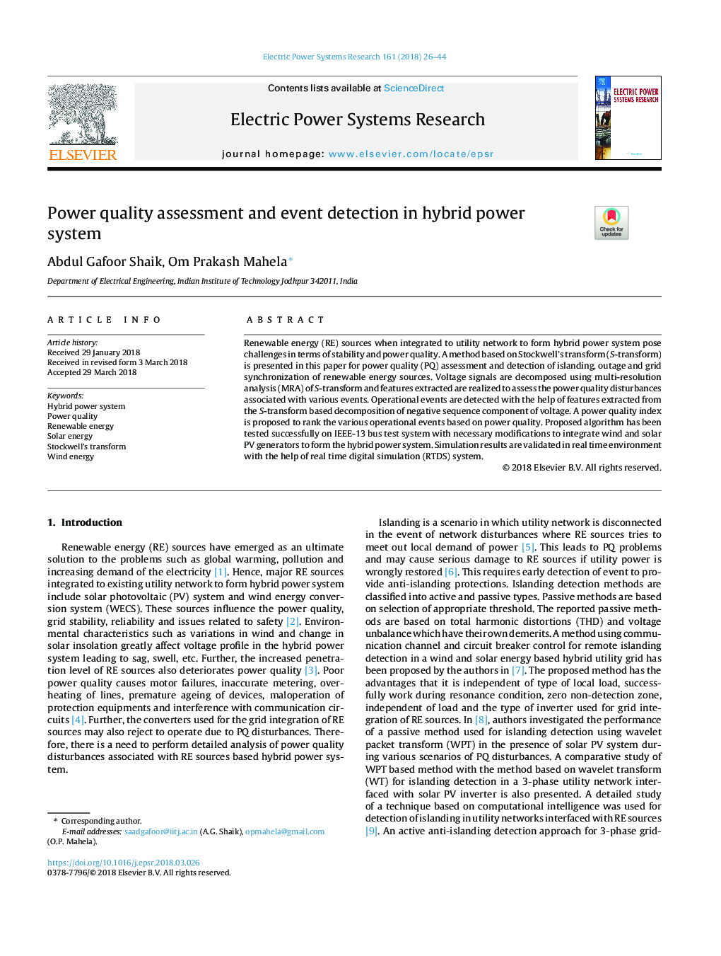 Power quality assessment and event detection in hybrid power system