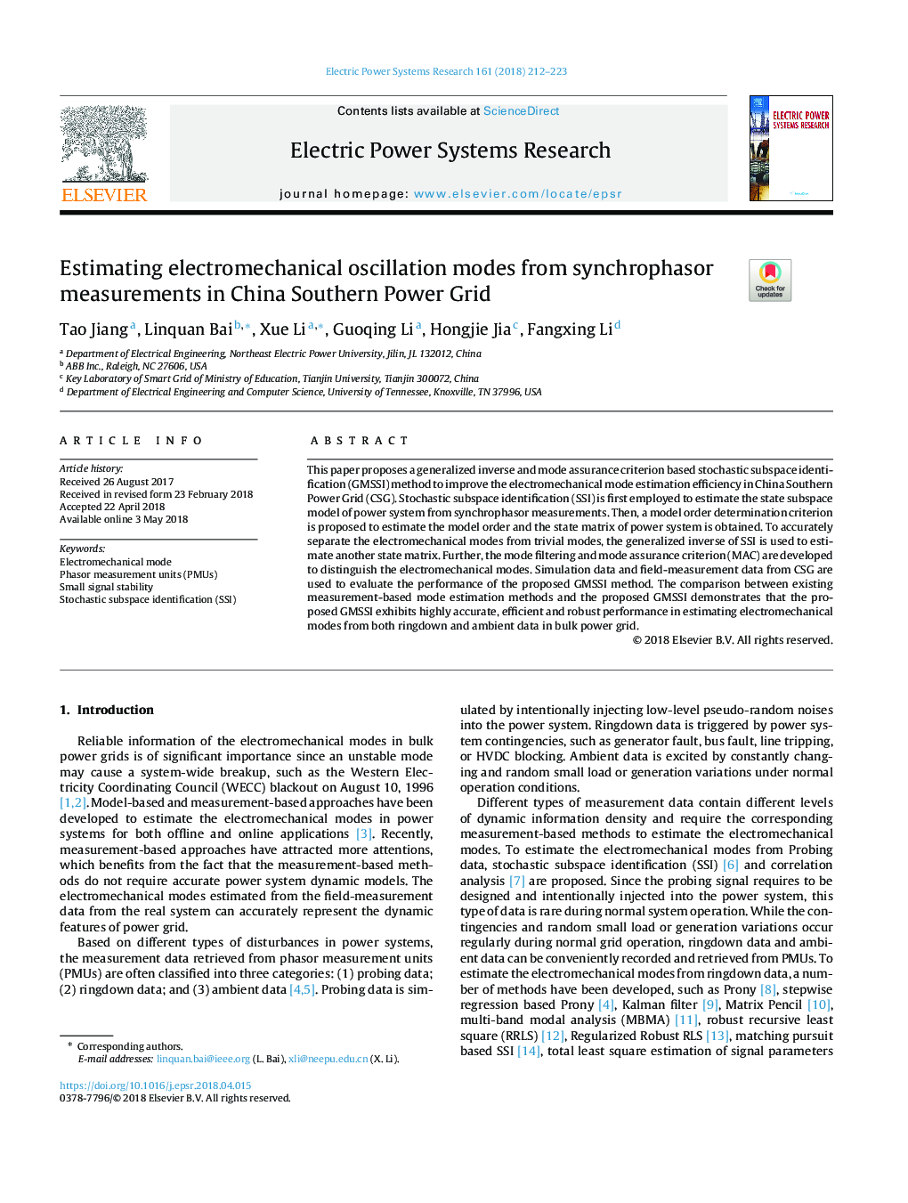 عکس صفحه اول مقاله: Estimating electromechanical oscillation modes from synchrophasor measurements in China Southern Power Grid Estimating electromechanical oscillation modes from synchrophasor measurements in China Southern Power Grid