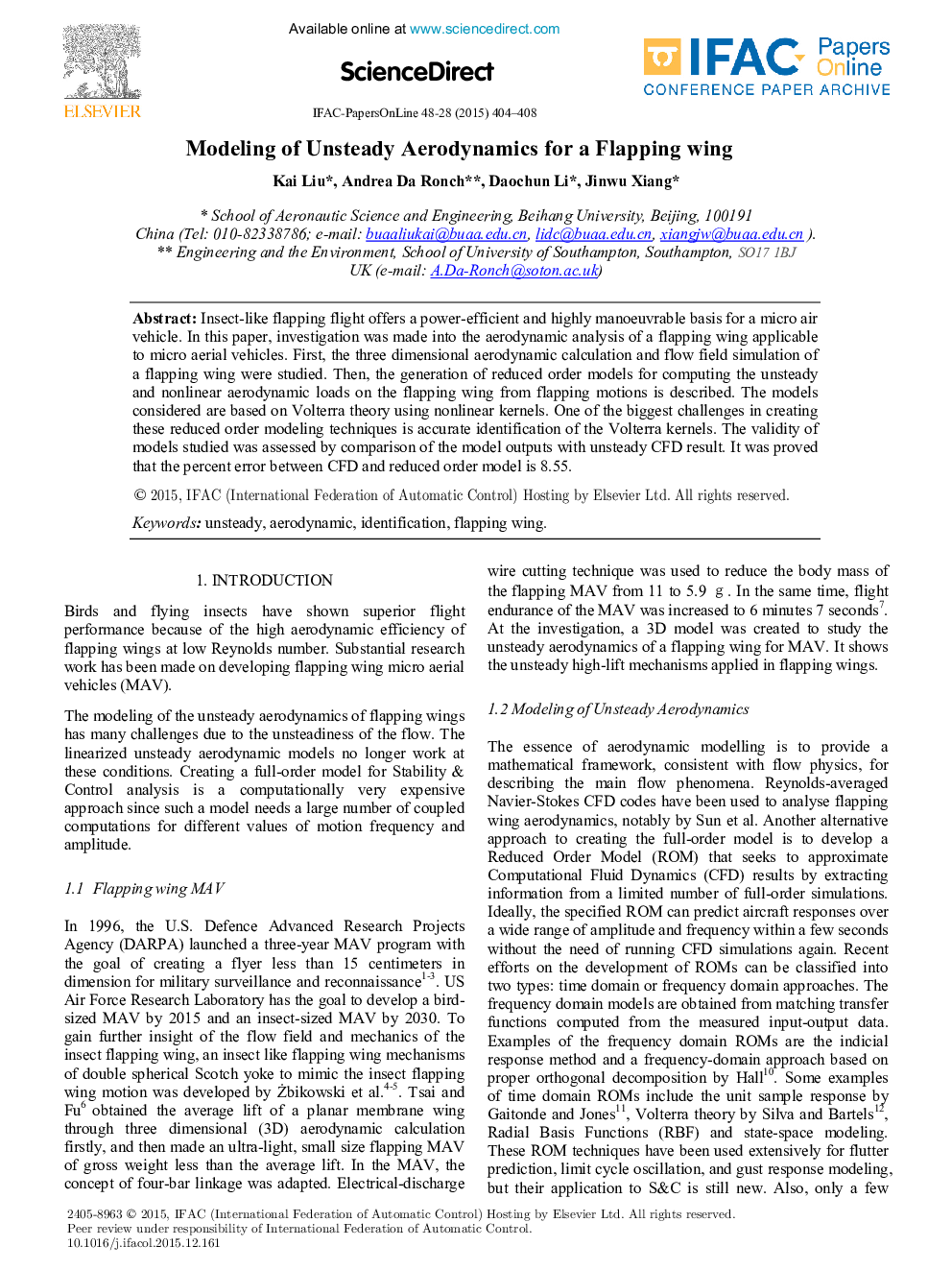 Modeling of Unsteady Aerodynamics for a Flapping wing