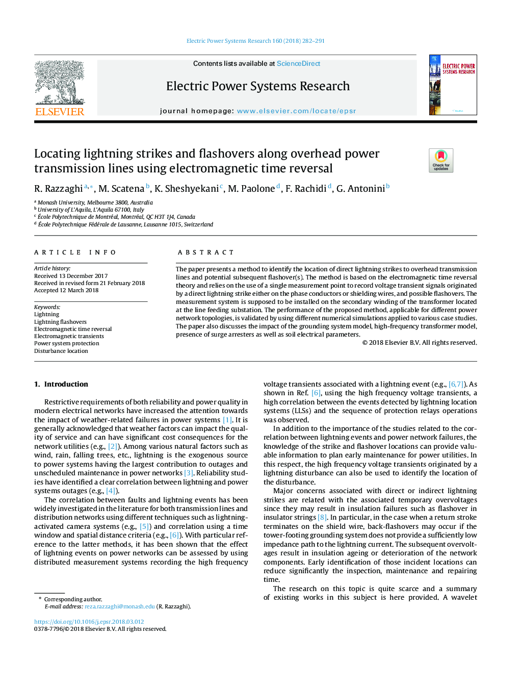 Locating lightning strikes and flashovers along overhead power transmission lines using electromagnetic time reversal