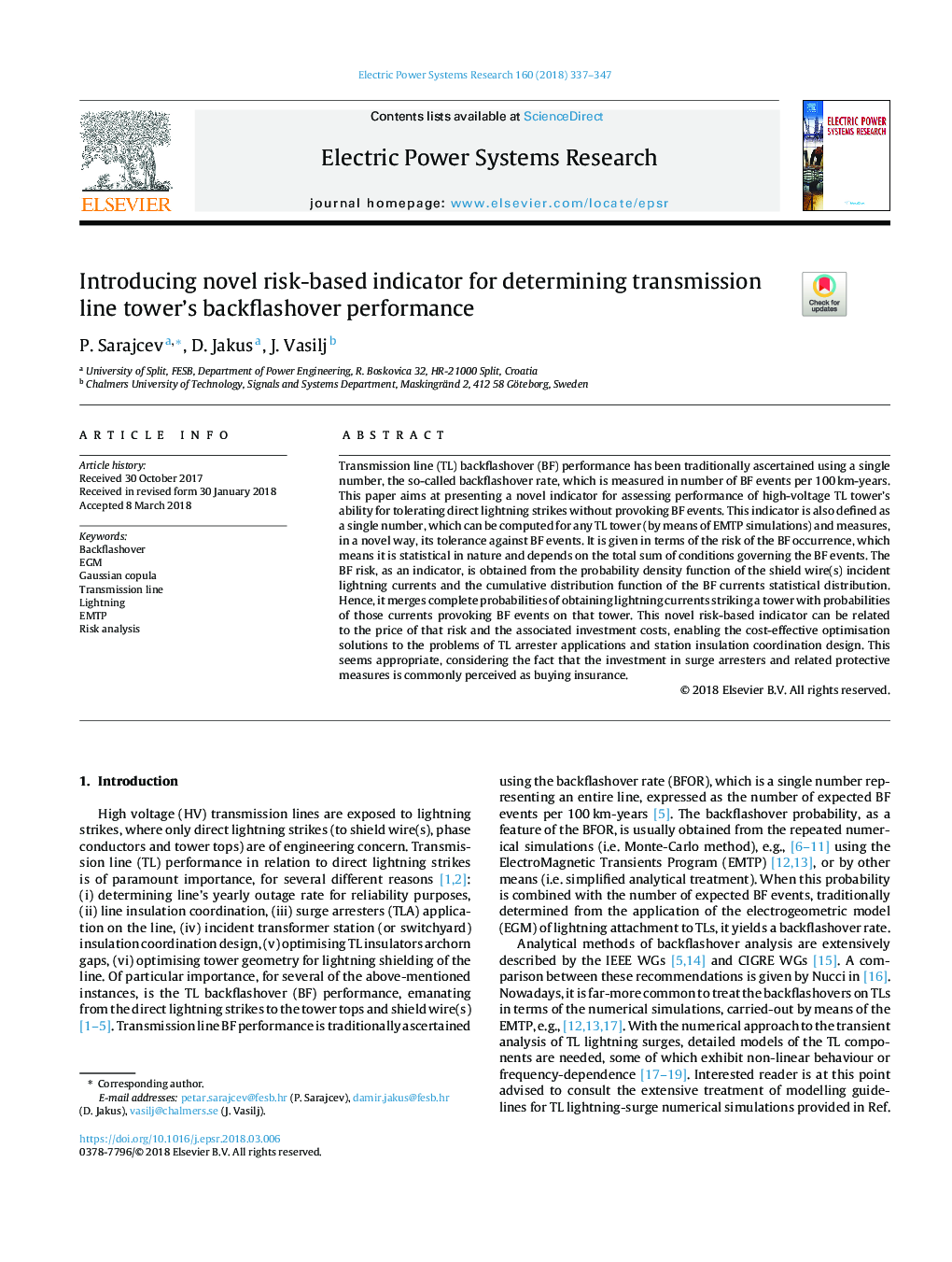 عکس صفحه اول مقاله: Introducing novel risk-based indicator for determining transmission line tower's backflashover performance Introducing novel risk-based indicator for determining transmission line tower's backflashover performance