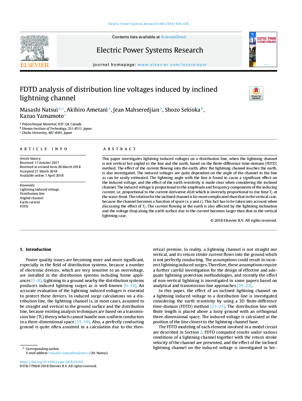 FDTD analysis of distribution line voltages induced by inclined lightning channel