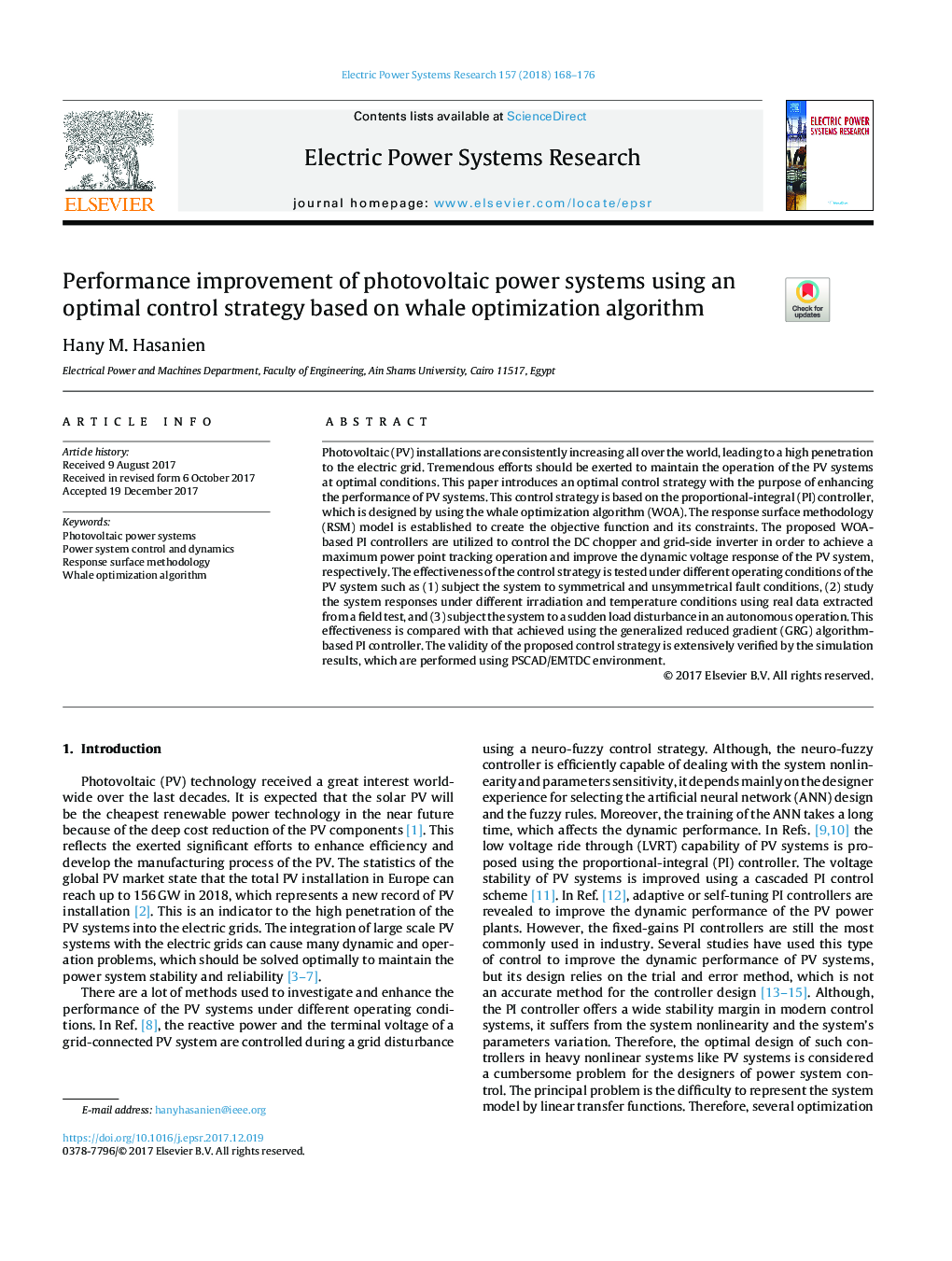 Performance improvement of photovoltaic power systems using an optimal control strategy based on whale optimization algorithm