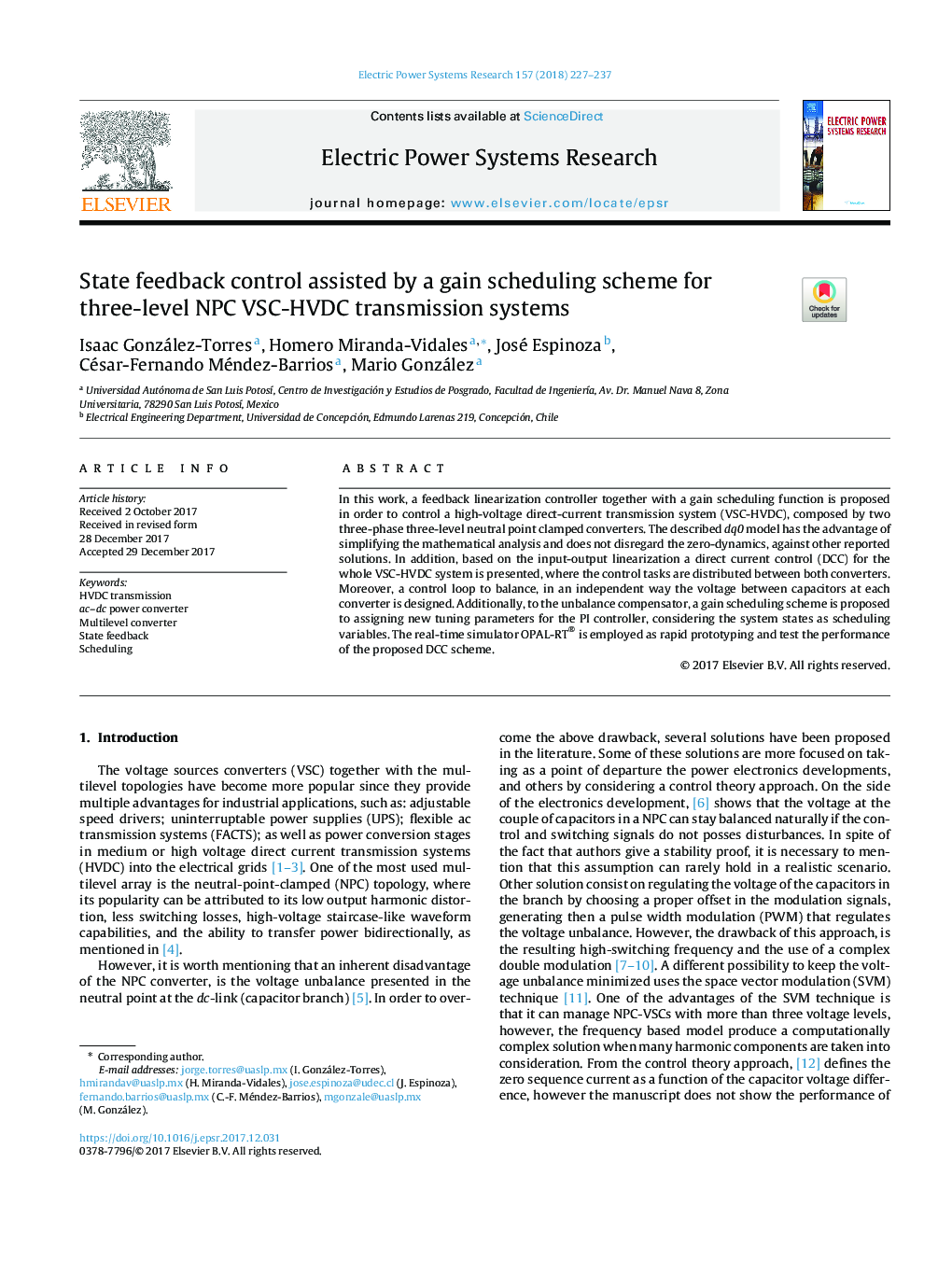 State feedback control assisted by a gain scheduling scheme for three-level NPC VSC-HVDC transmission systems