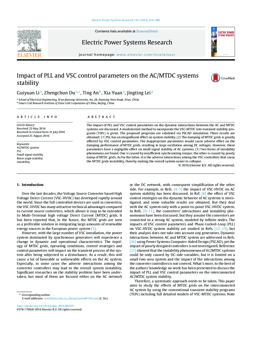 عکس صفحه اول مقاله: Impact of PLL and VSC control parameters on the AC/MTDC systems stability Impact of PLL and VSC control parameters on the AC/MTDC systems stability