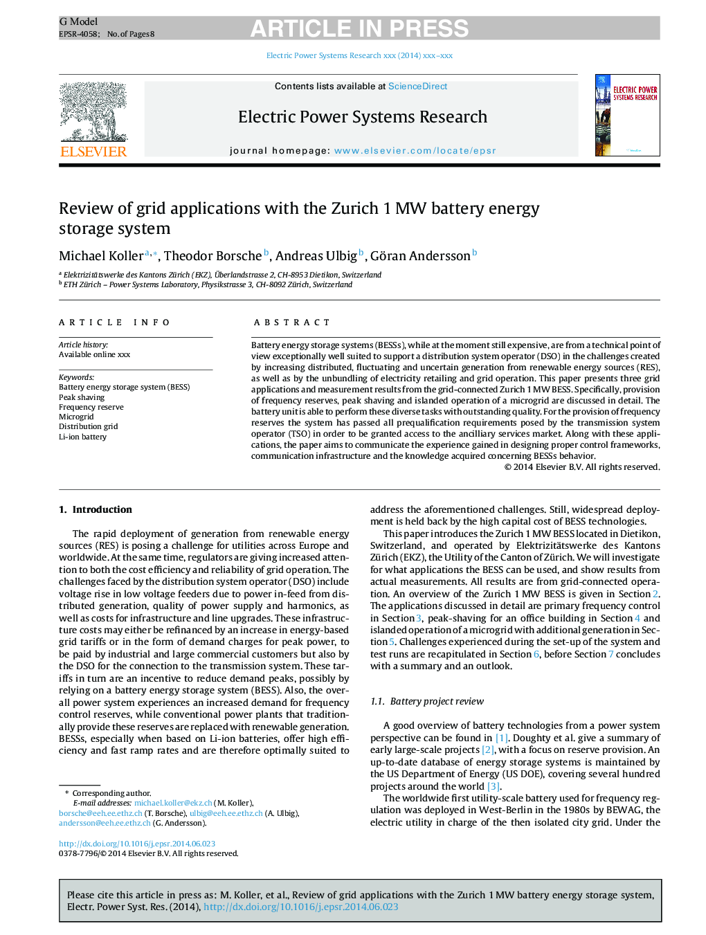 Review of grid applications with the Zurich 1Â MW battery energy storage system