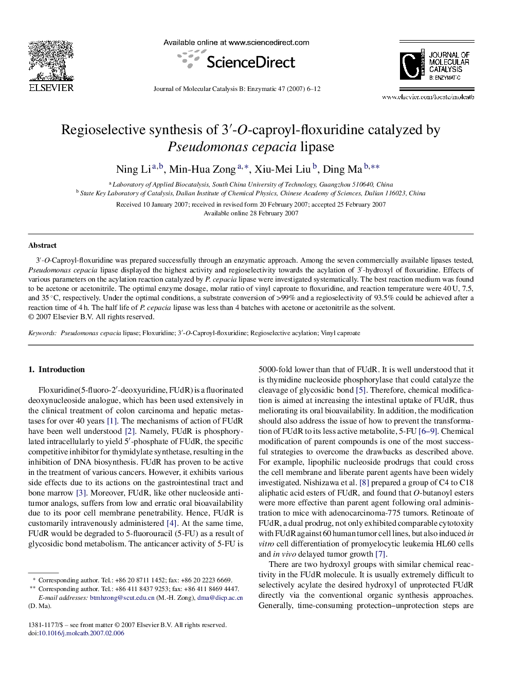 Regioselective synthesis of 3′-O-caproyl-floxuridine catalyzed by Pseudomonas cepacia lipase