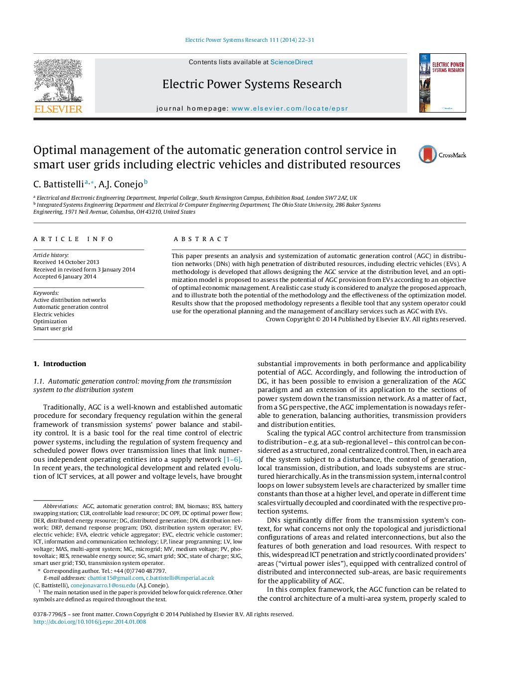 Optimal management of the automatic generation control service in smart user grids including electric vehicles and distributed resources