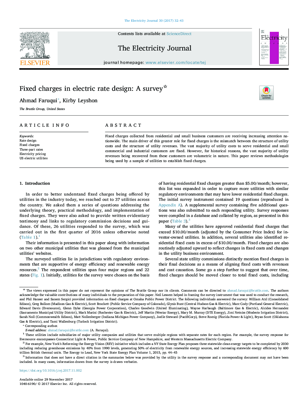 Fixed charges in electric rate design: A survey