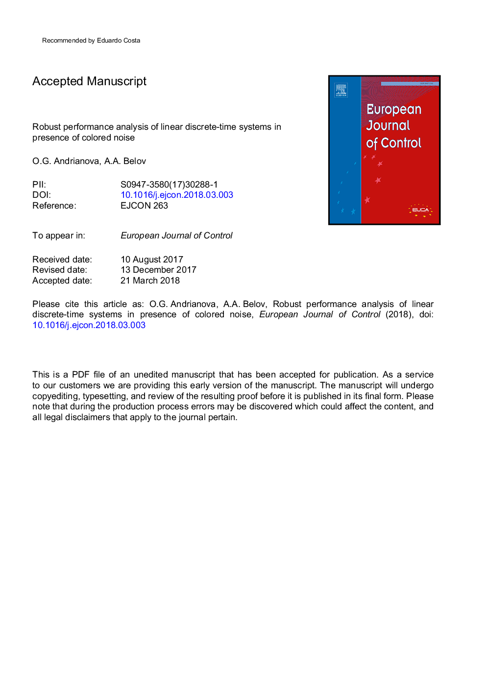 Robust performance analysis of linear discrete-time systems in presence of colored noise