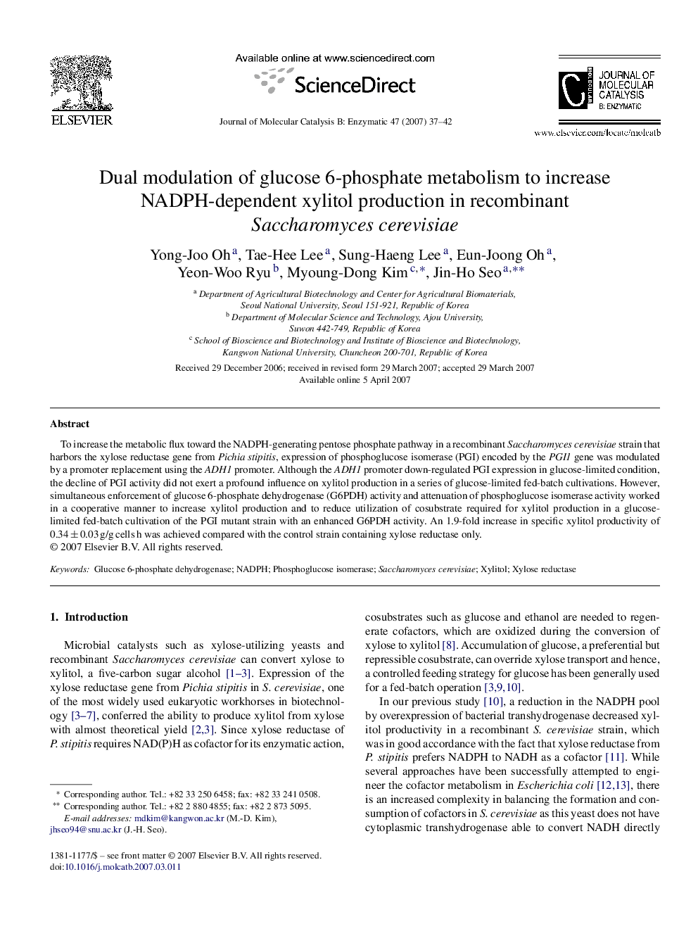عکس صفحه اول مقاله: Dual modulation of glucose 6-phosphate metabolism to increase NADPH-dependent xylitol production in recombinant Saccharomyces cerevisiae Dual modulation of glucose 6-phosphate metabolism to increase NADPH-dependent xylitol production in recombinant Saccharomyces cerevisiae