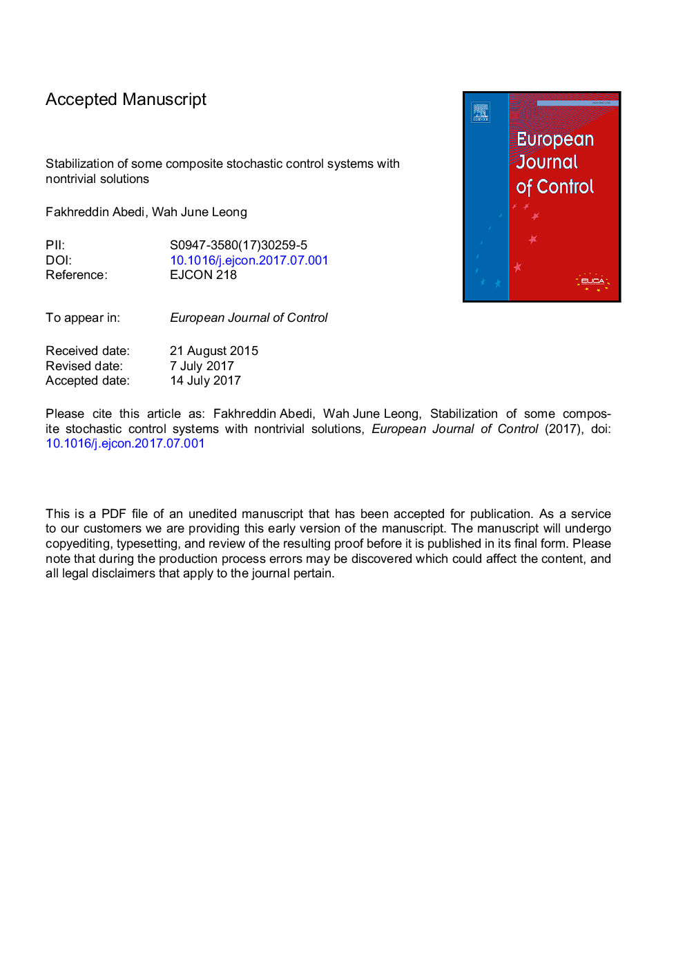 Stabilization of some composite stochastic control systems with nontrivial solutions