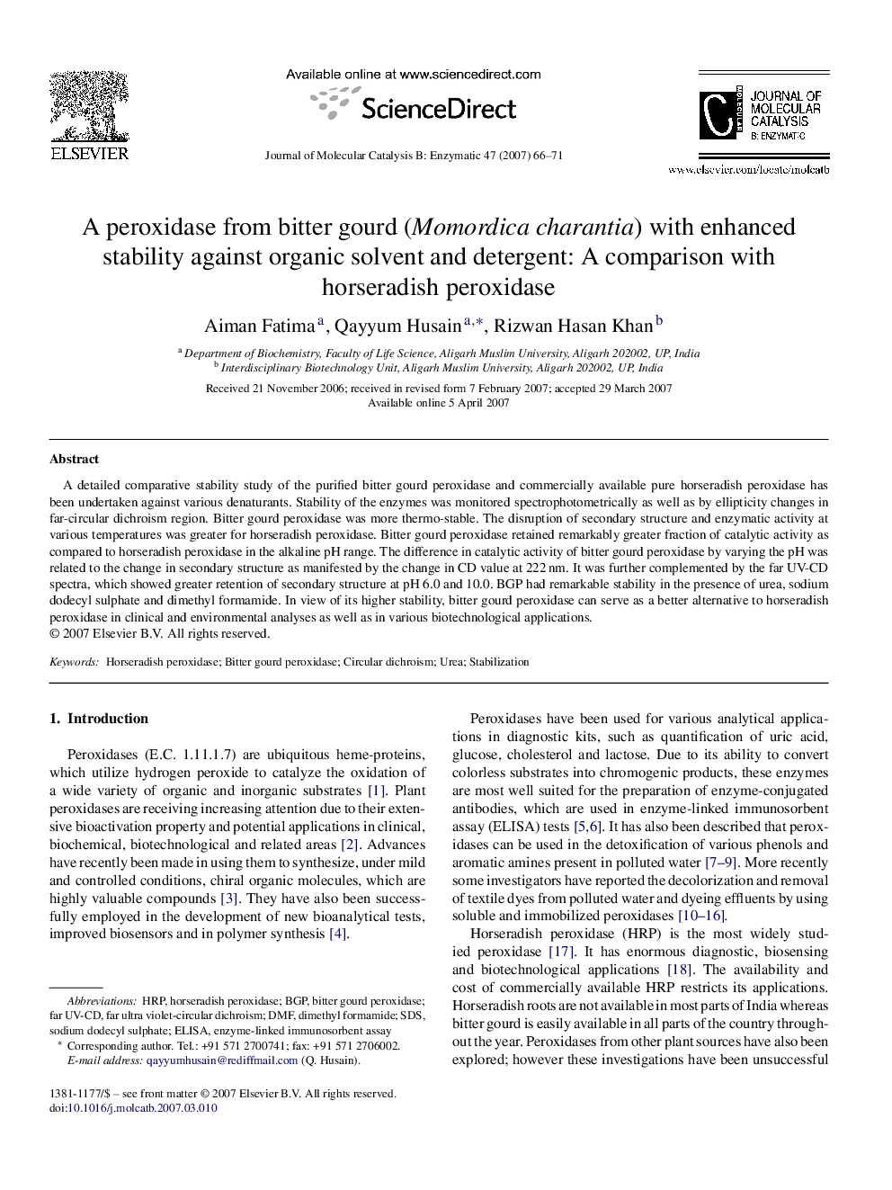 A peroxidase from bitter gourd (Momordica charantia) with enhanced stability against organic solvent and detergent: A comparison with horseradish peroxidase