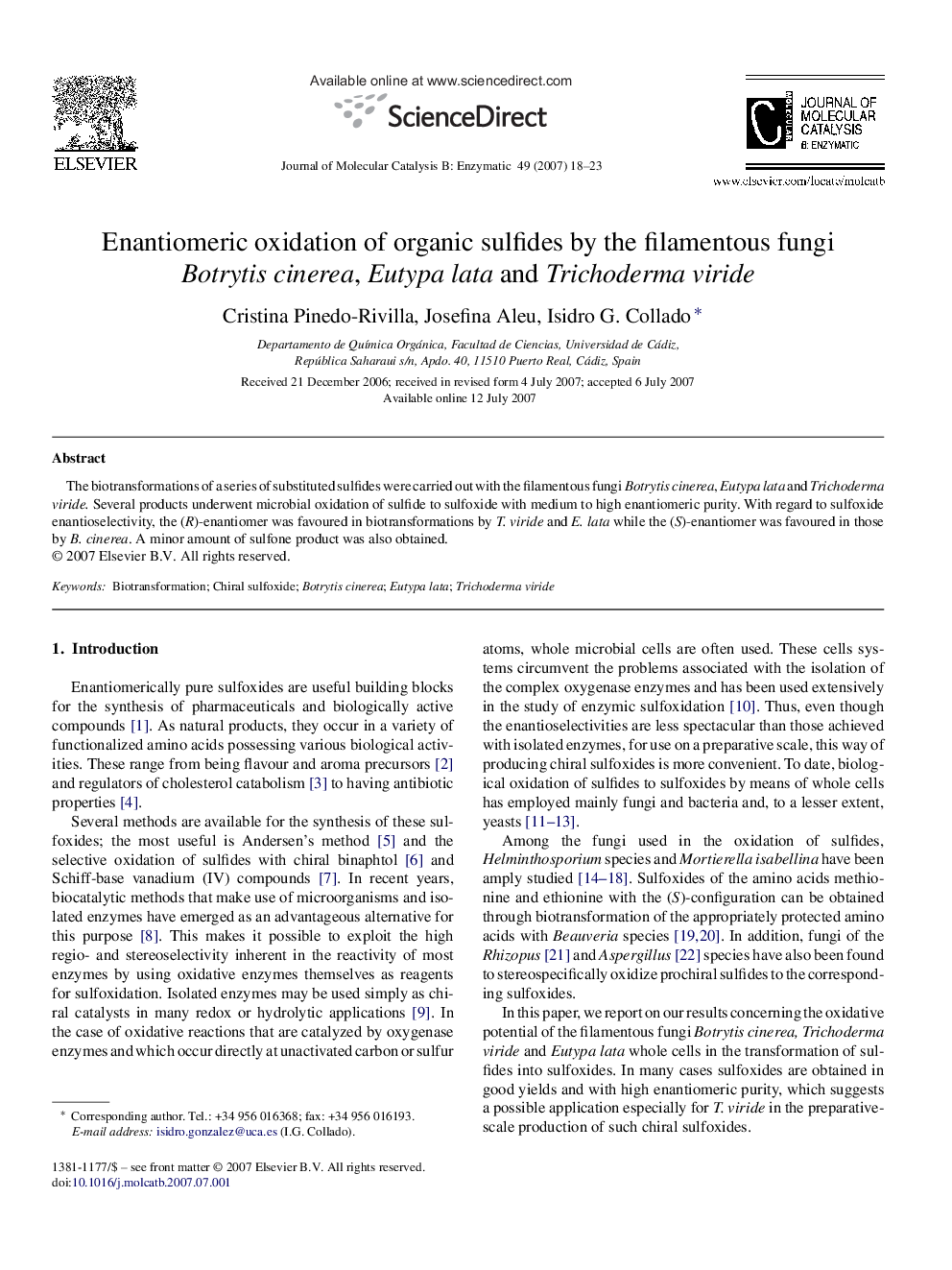 Enantiomeric oxidation of organic sulfides by the filamentous fungi Botrytis cinerea, Eutypa lata and Trichoderma viride