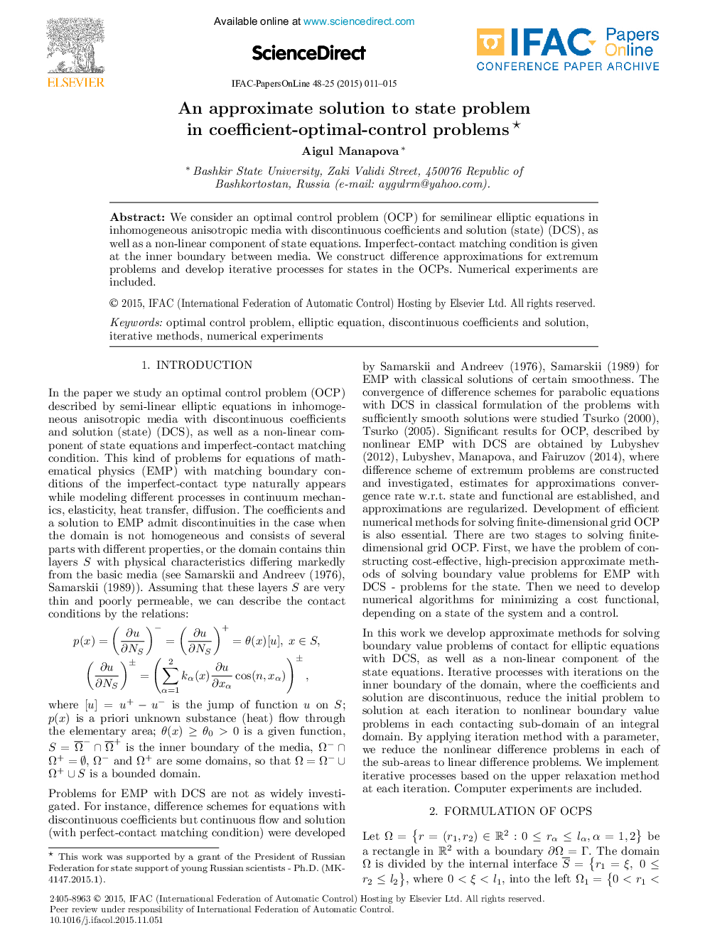 An approximate solution to state problem in coefficient-optimal-control problems*