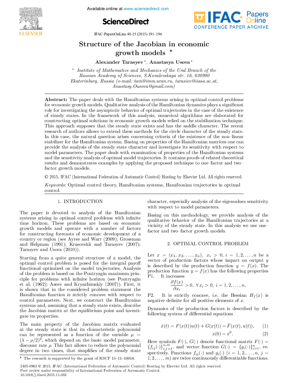 Structure of the Jacobian in economic growth models*