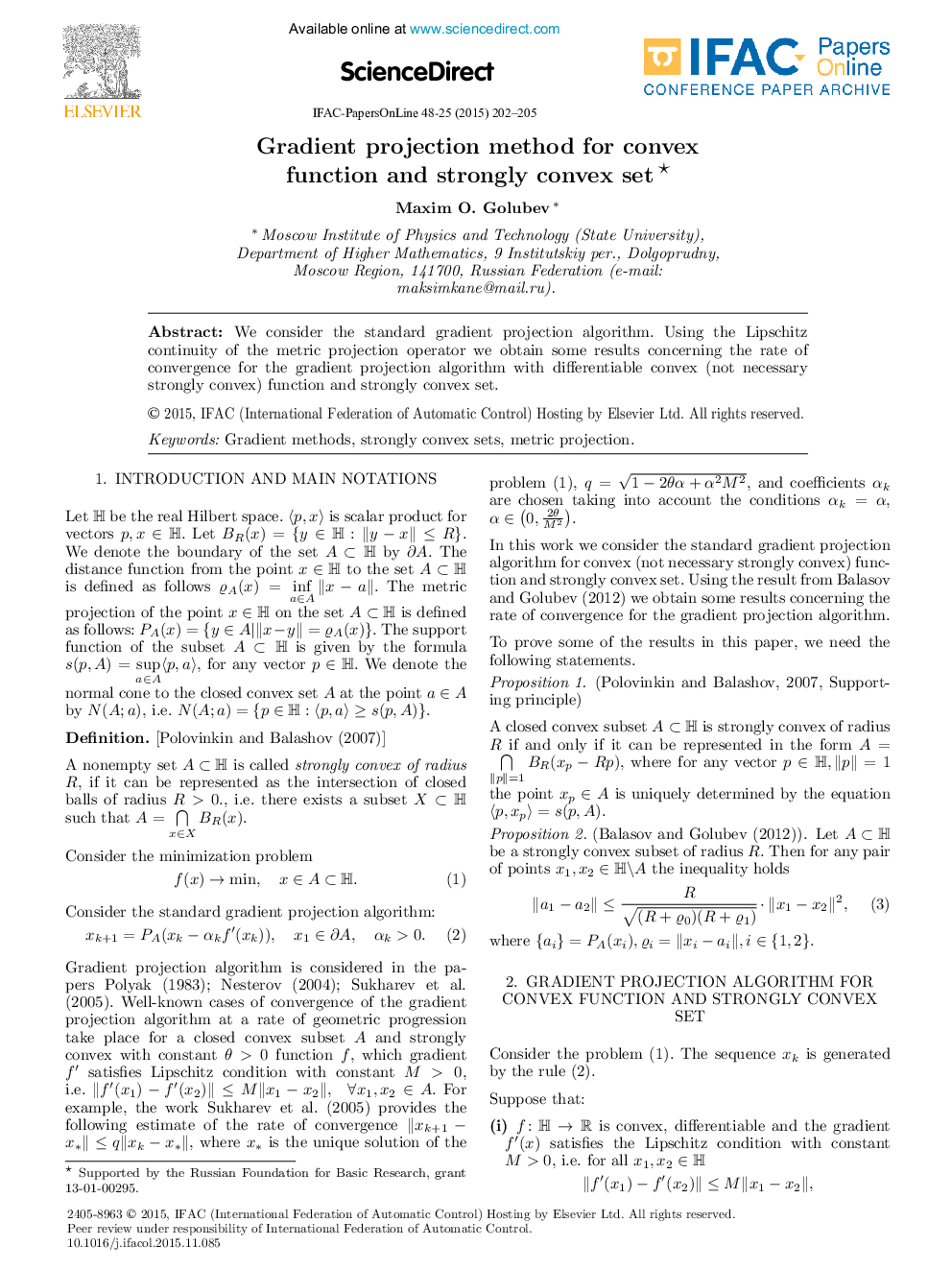 Gradient projection method for convex function and strongly convex set*