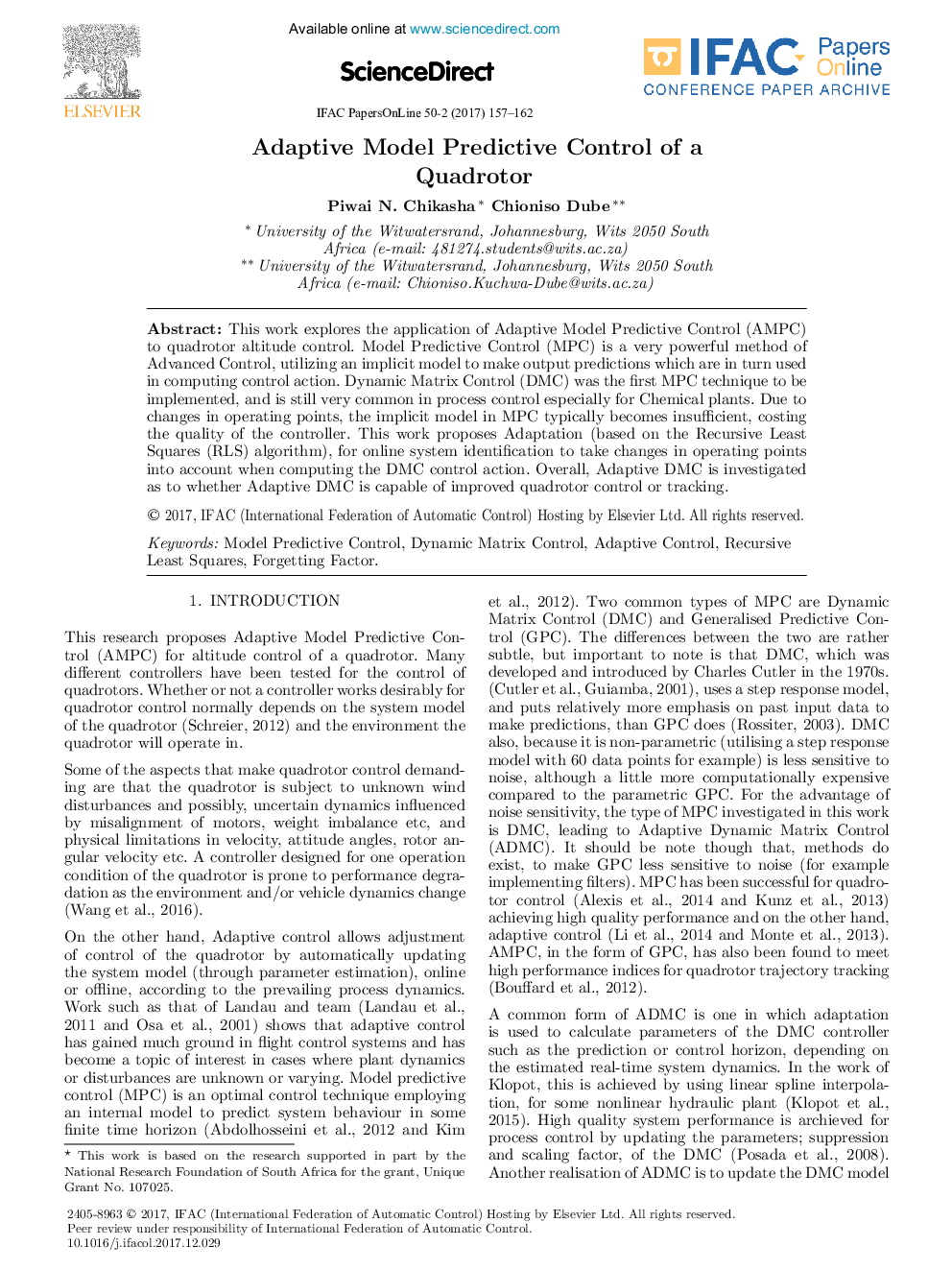 Adaptive Model Predictive Control of a Quadrotor