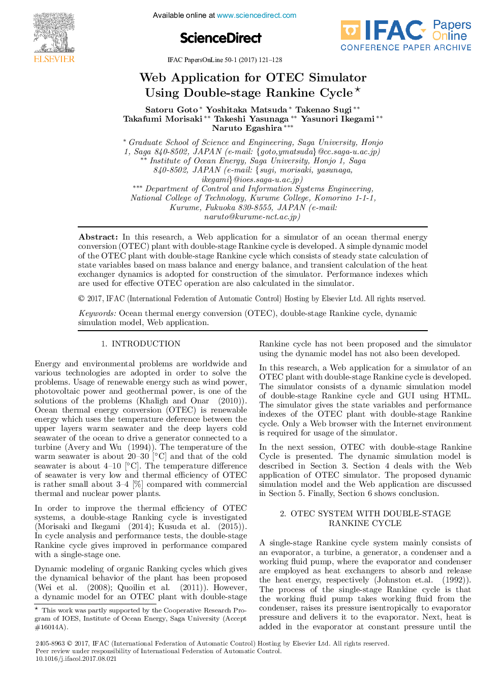 Web Applicaton for OTEC Simulator Using Double-stage Rankine Cycle *