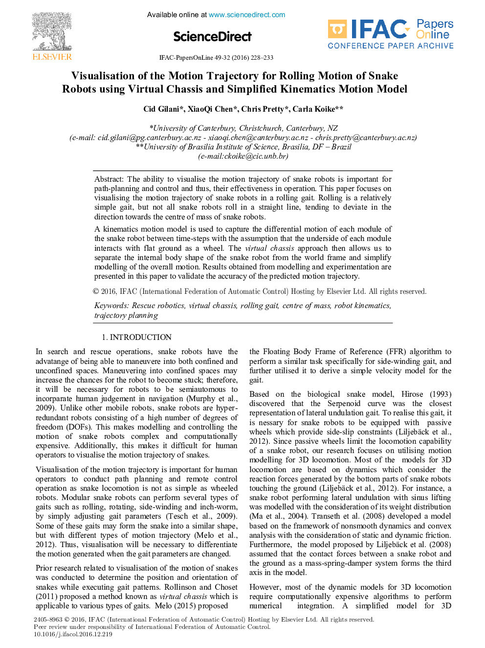 Visualisation of the Motion Trajectory for Rolling Motion of Snake Robots using Virtual Chassis and Simplified Kinematics Motion Model