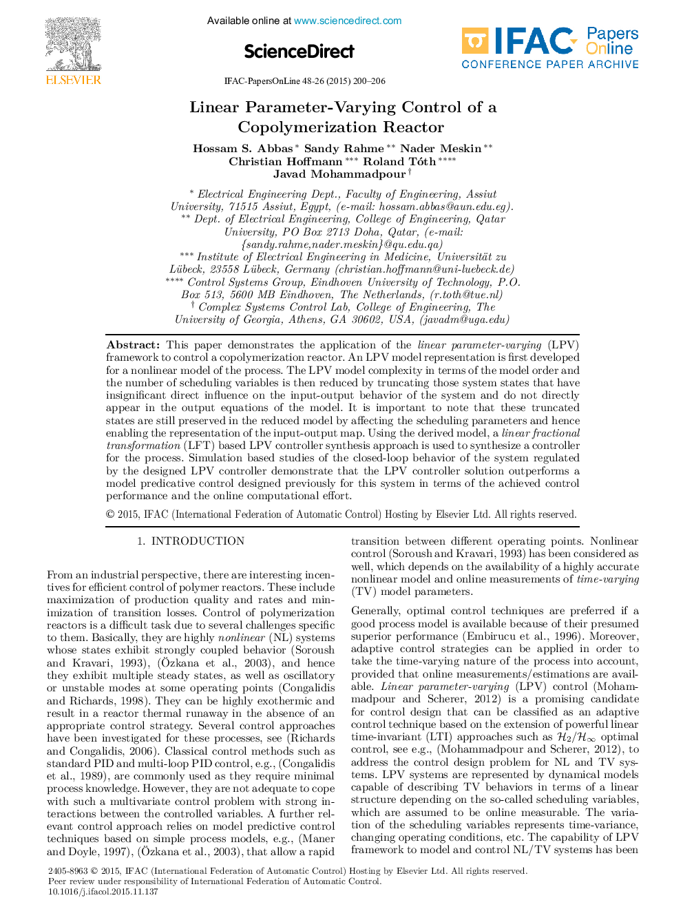 Linear Parameter-Varying Control of a Copolymerization Reactor