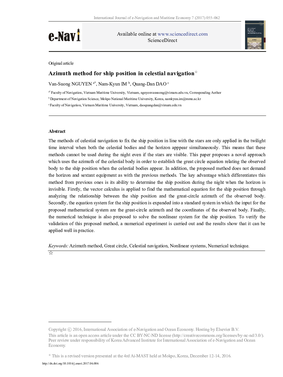 Azimuth method for ship position in celestial navigation